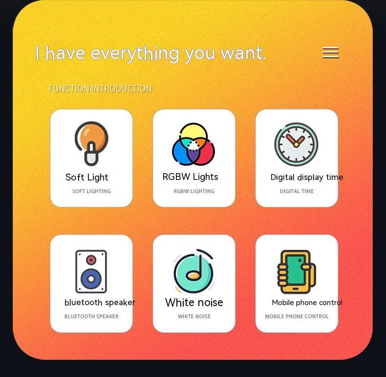 Feature overview: soft light, RGBW light, digital time, Bluetooth speaker, white noise, phone control