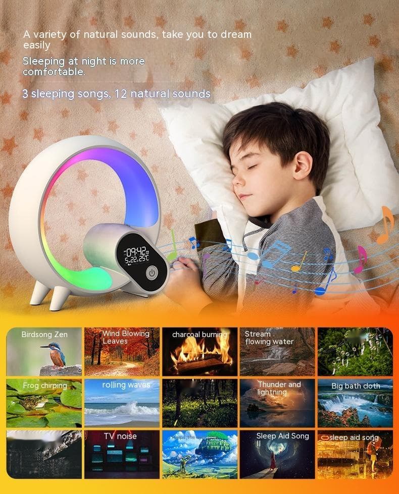 Lamp playing sounds beside a sleeping child with icons of the nature sounds